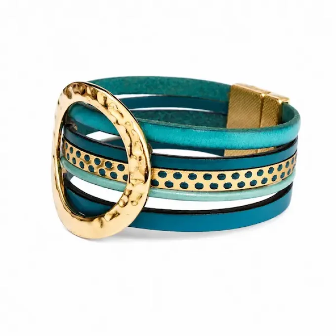 Bracelet NOMADE en cuir turquoise & or