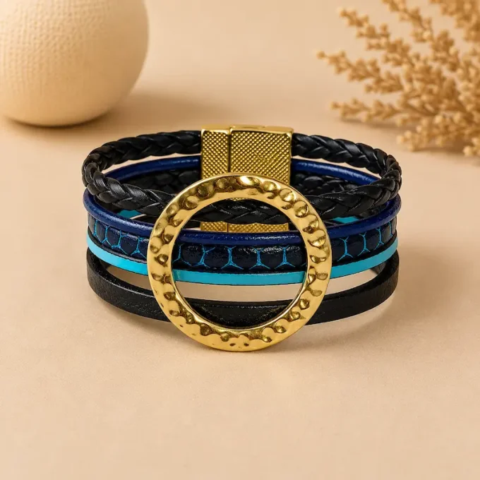 Bracelet NOMADE en cuir noir & bleu