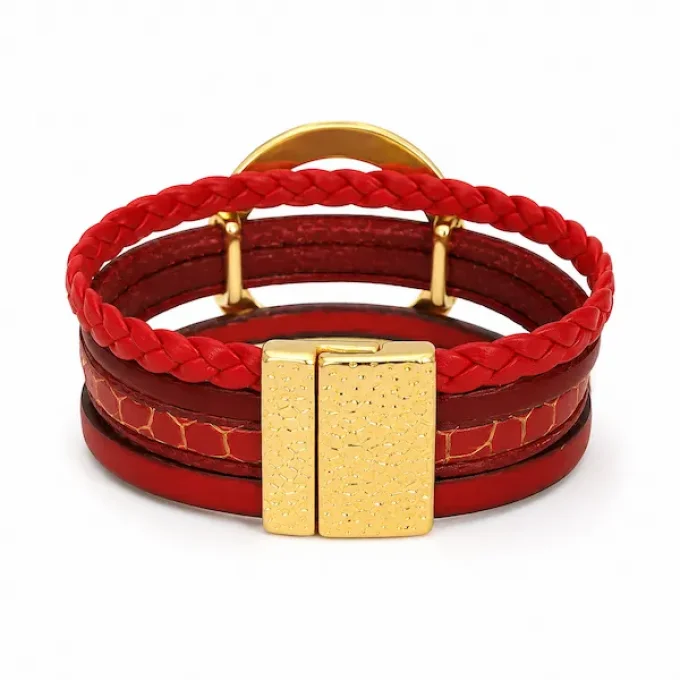 Bracelet NOMADE en cuir rouge & or