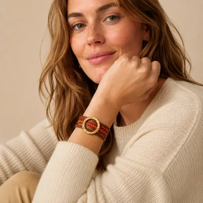 Bracelet NOMADE en cuir camel & marron
