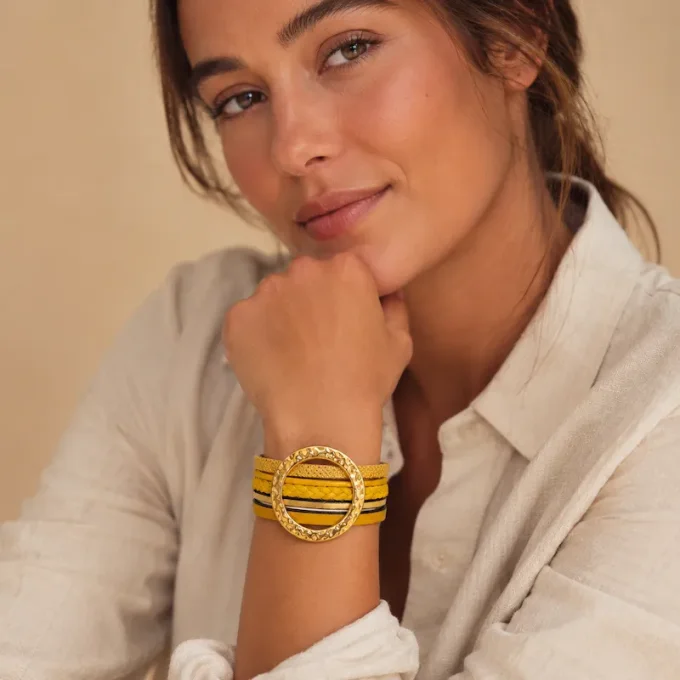 Bracelet NOMADE en cuir jaune & or
