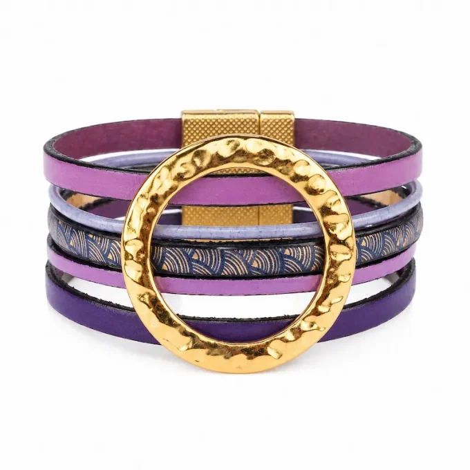 Bracelet NOMADE en cuir violet & or