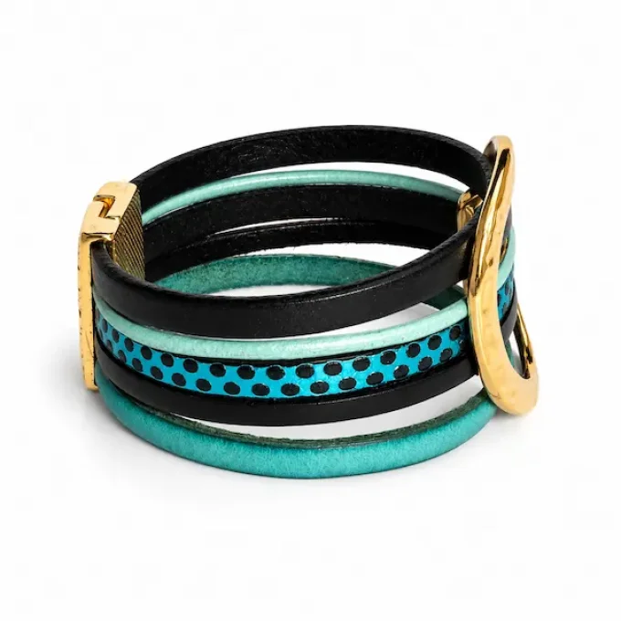 Bracelet NOMADE en cuir turquoise & noir