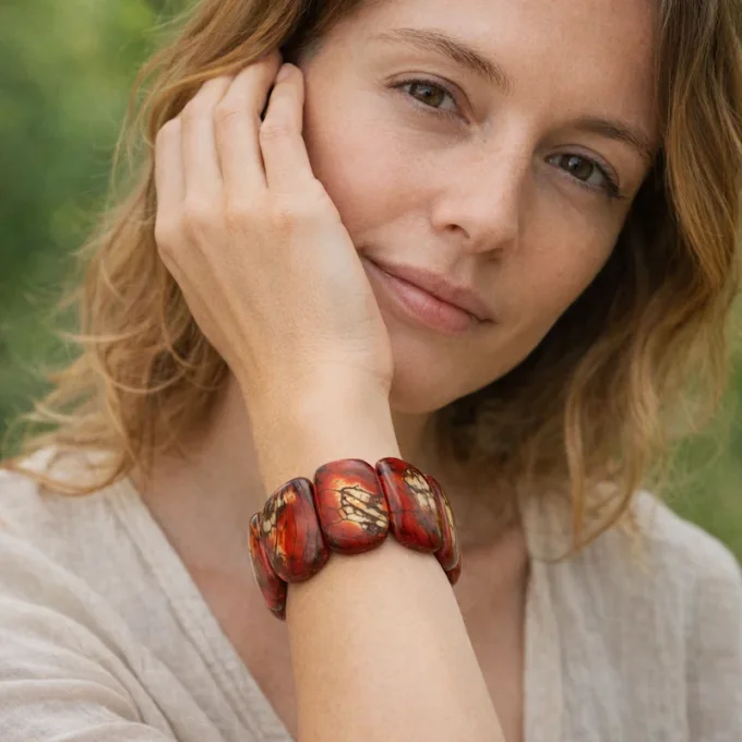 Bracelet manchette ivoire végétal rouge