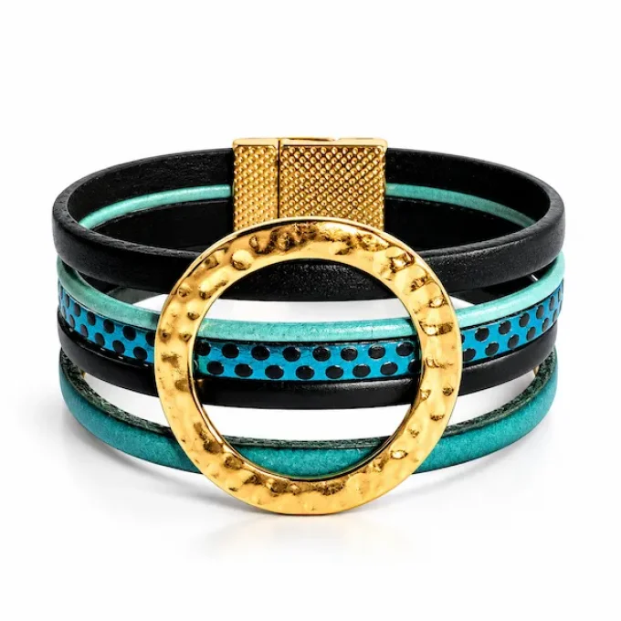 Bracelet NOMADE en cuir turquoise & noir