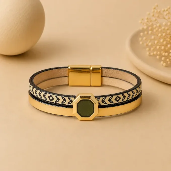Bracelet Cuir & Charms Créatifs or et noir