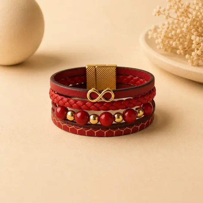Bracelet cuir Multi-rang rouge & or
