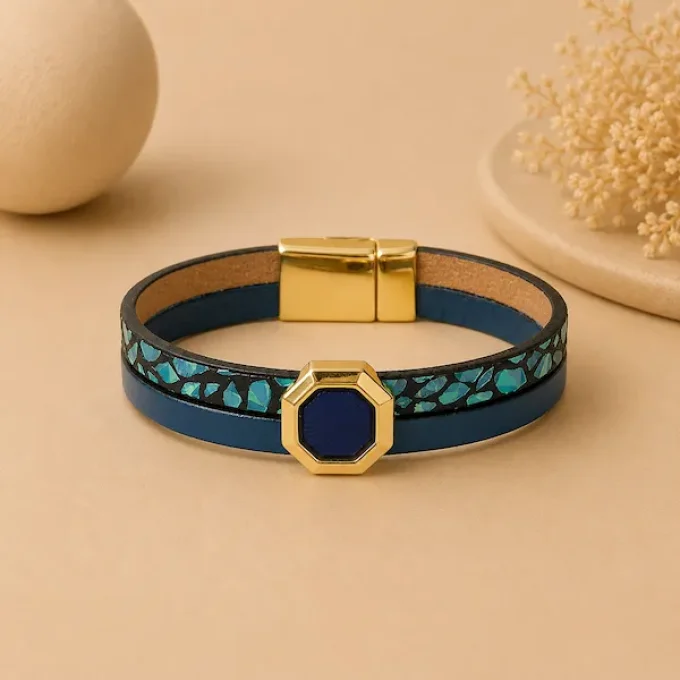 Bracelet Cuir & Charms Créatifs bleu lézard brillant