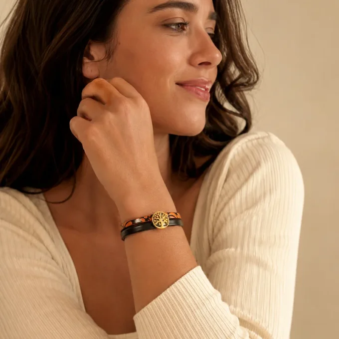 Bracelet cuir Charms Créatif orange & noir