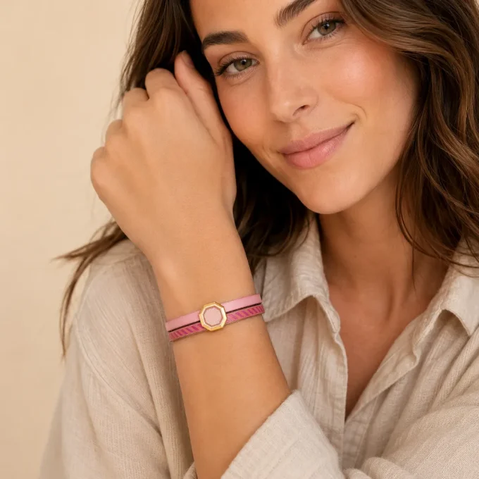 Bracelet cuir Charms Créatif rose & or