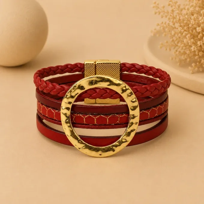 Bracelet NOMADE en cuir rouge & or