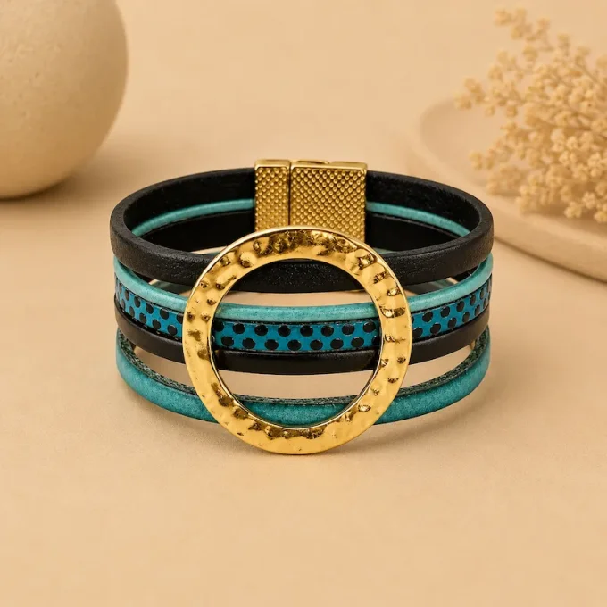 Bracelet NOMADE en cuir turquoise & noir