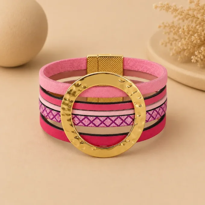 Bracelet NOMADE en cuir rose & or