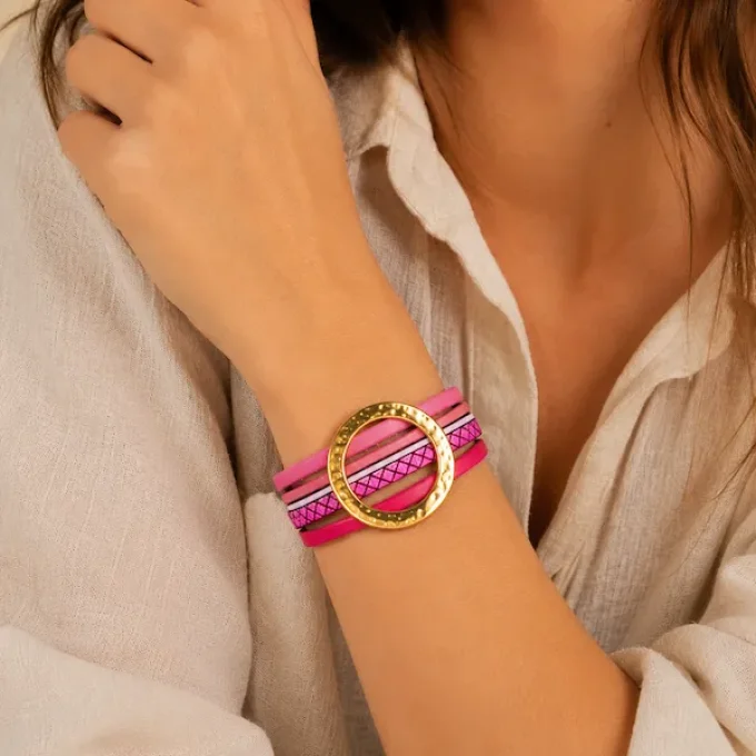 Bracelet NOMADE en cuir rose & or