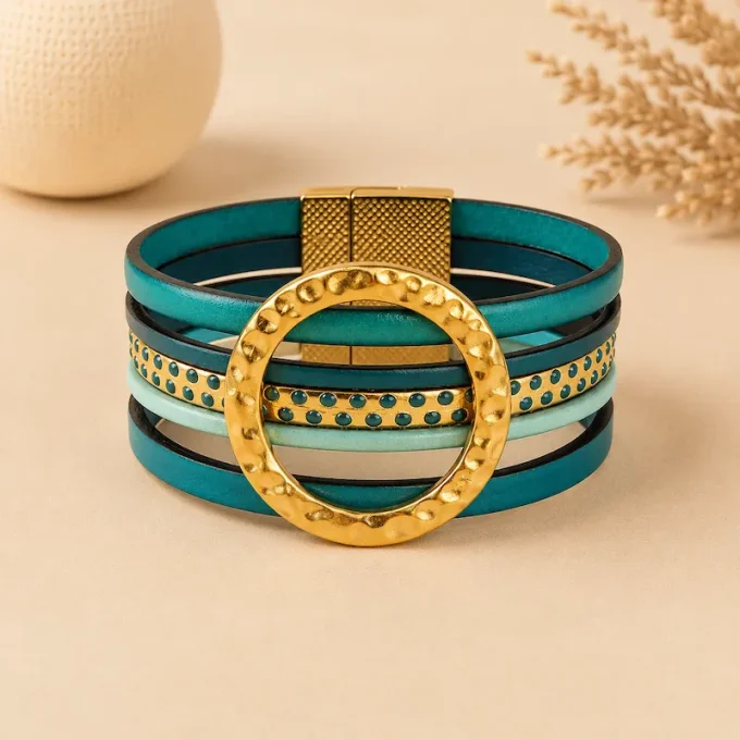 Bracelet NOMADE en cuir turquoise & or