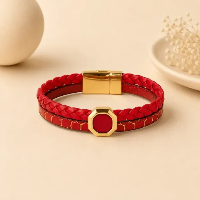 Bracelet cuir Charms Créatif rouge & or