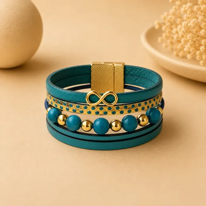 Bracelet cuir Multi-rang turquoise & or