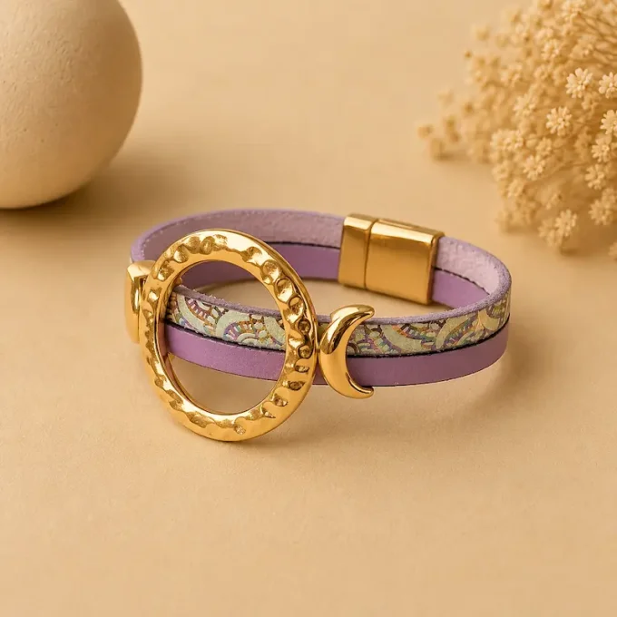 Bracelet cuir anneaux chic lilas arc-en-ciel