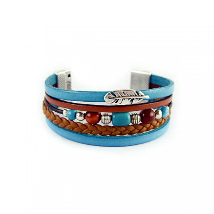 Bracelet magnétique cuir et perles végétales bleu et marron