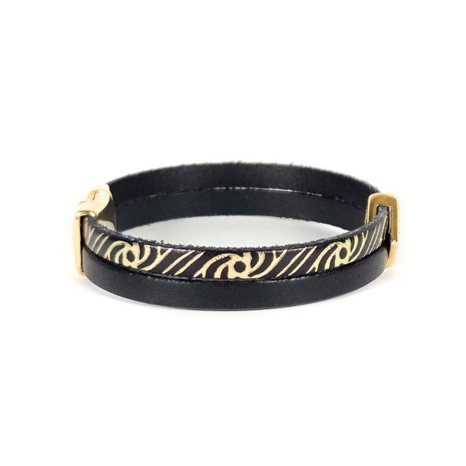Bracelet Cuir & Charms Créatifs noir et or