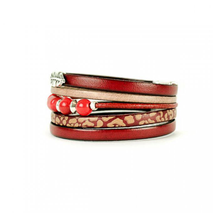 bracelet chic lanières de cuir rouge et perles