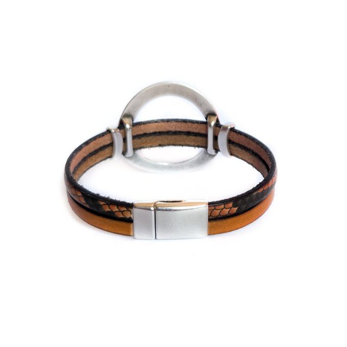 Bracelet cuir anneaux chic camel lézard