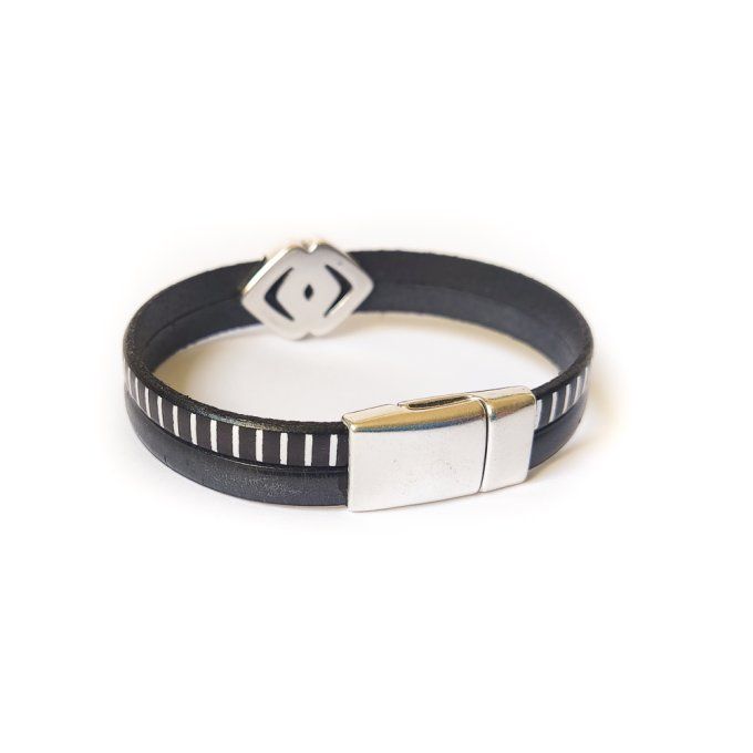 Bracelet en cuir noir et argent