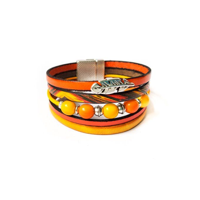 Bracelet cuir et perles orange et jaune