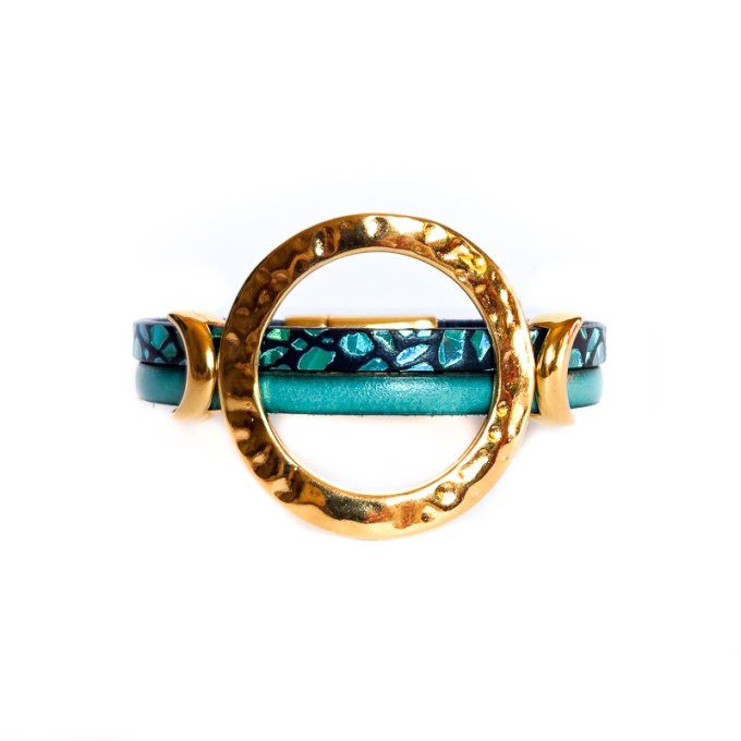 Bracelet cuir anneaux chic bleu lézard