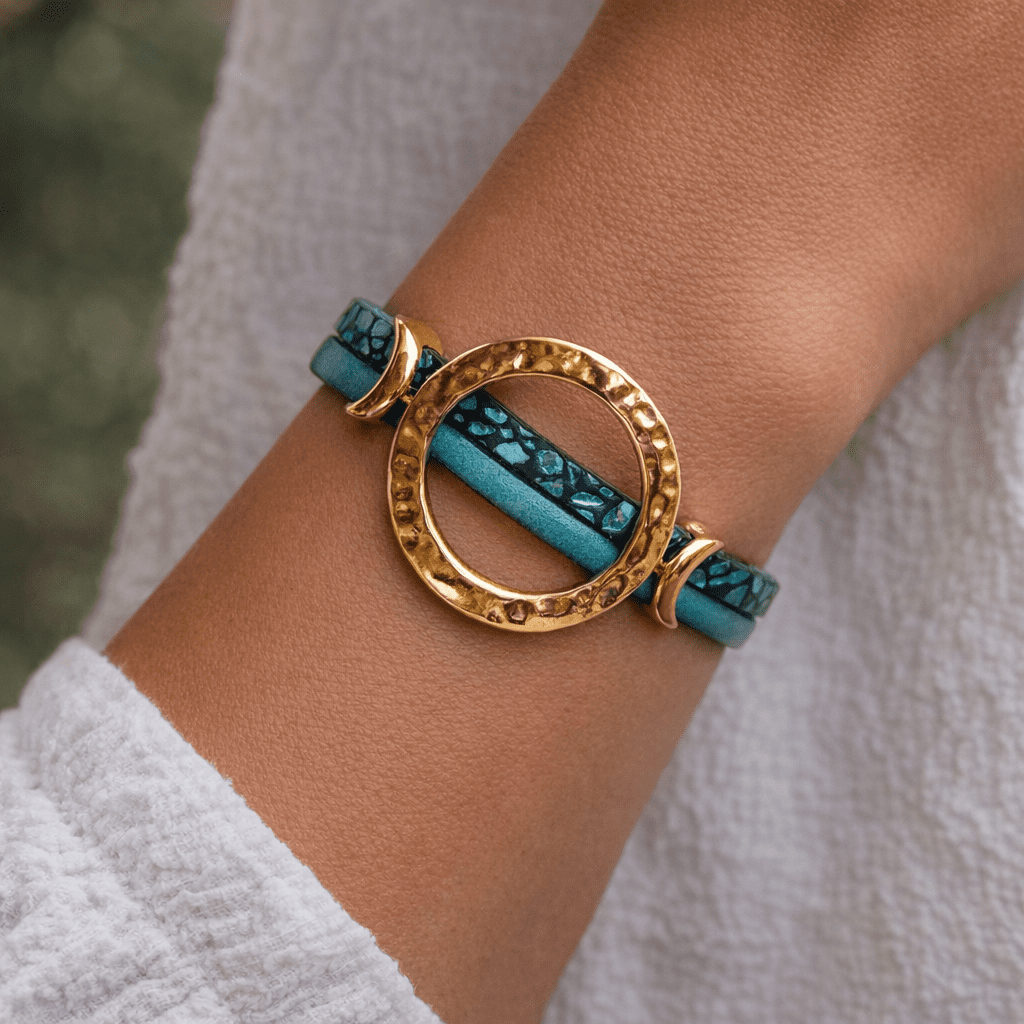 Bracelet cuir anneaux chic bleu lézard