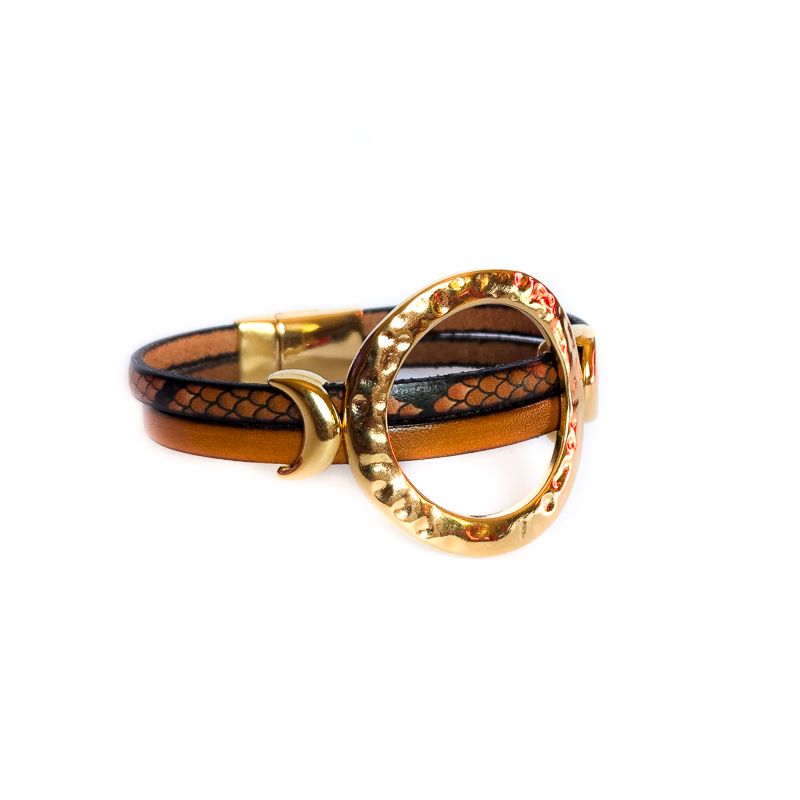 Bracelet cuir anneaux chic camel lézard