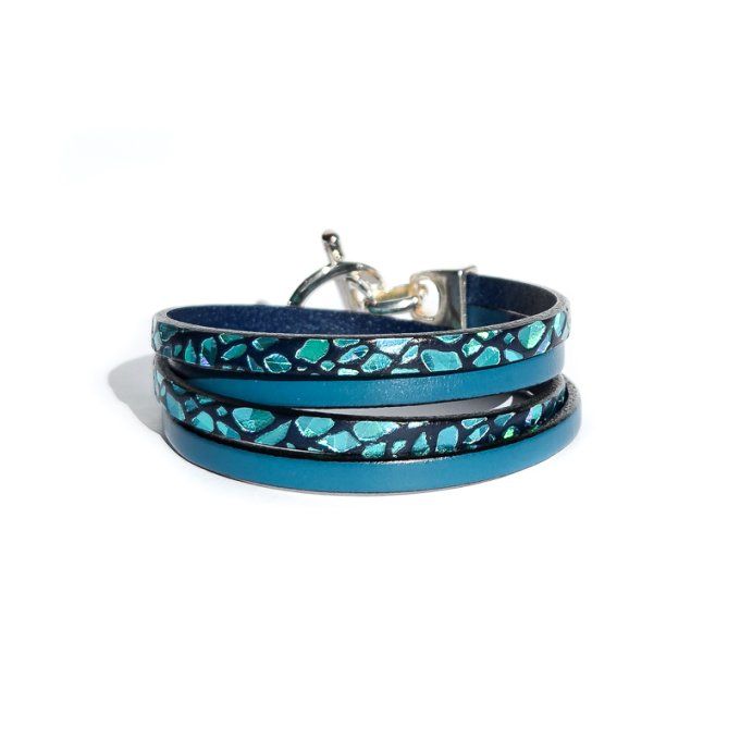 Bracelet cuir Toggle Charm bleu jean et lézard