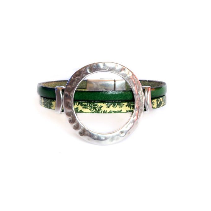 Bracelet cuir anneaux chic vert floral