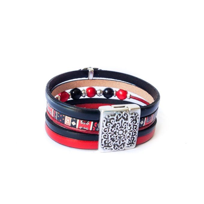 Bracelet cuir et perles assorties rouge et noir