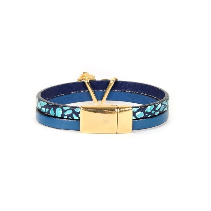 Bracelet Cuir & Charms Créatifs bleu lézard brillant