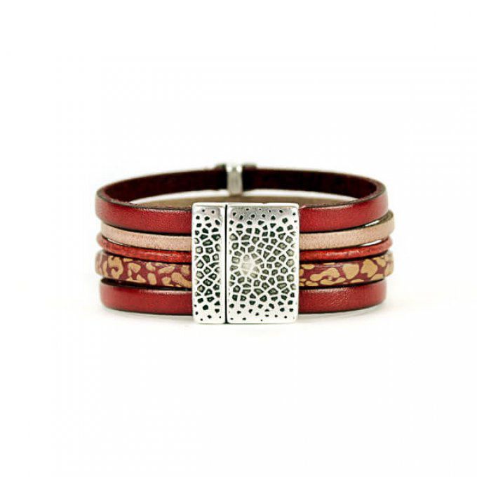 bracelet manchette cuir et perles rouges