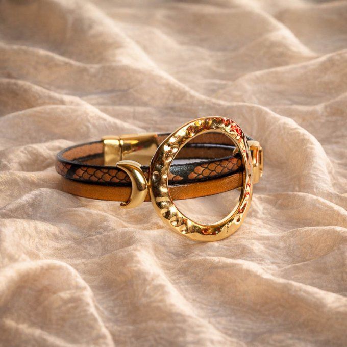 Bracelet cuir anneaux chic camel lézard