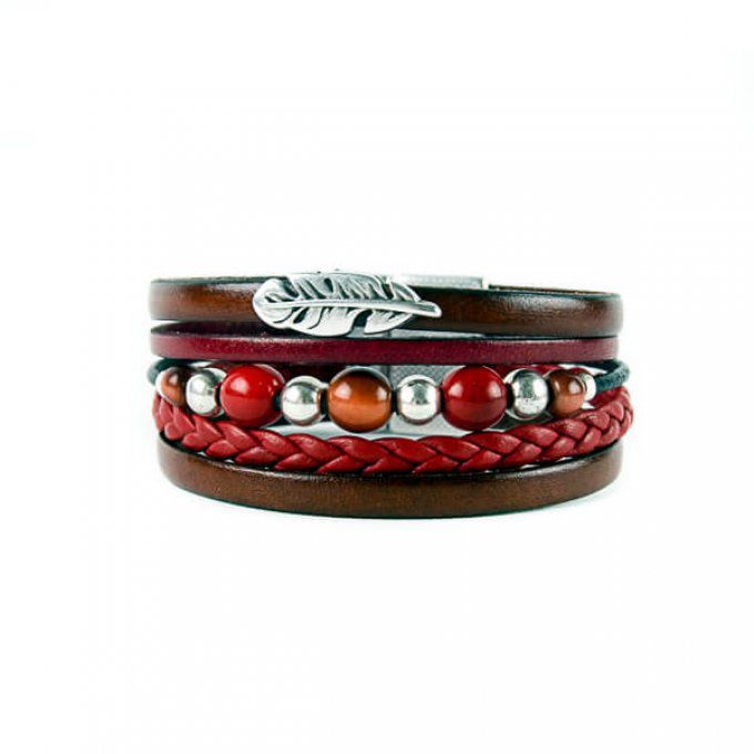 Bracelet manchette femme en cuir rouge et marron