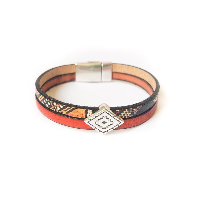 Bracelet en cuir orange tribal