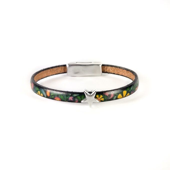 Bracelet CréaCuir Kids vert motif floral