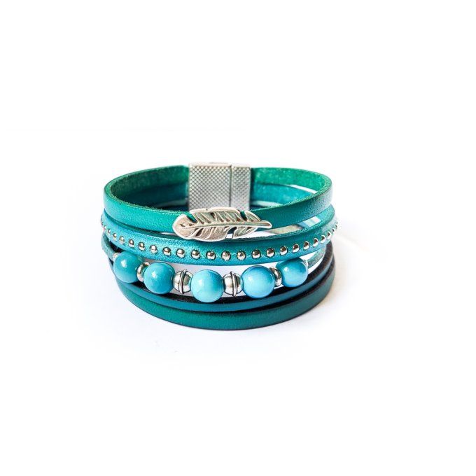 Bracelet cuir et perles assorties turquoise