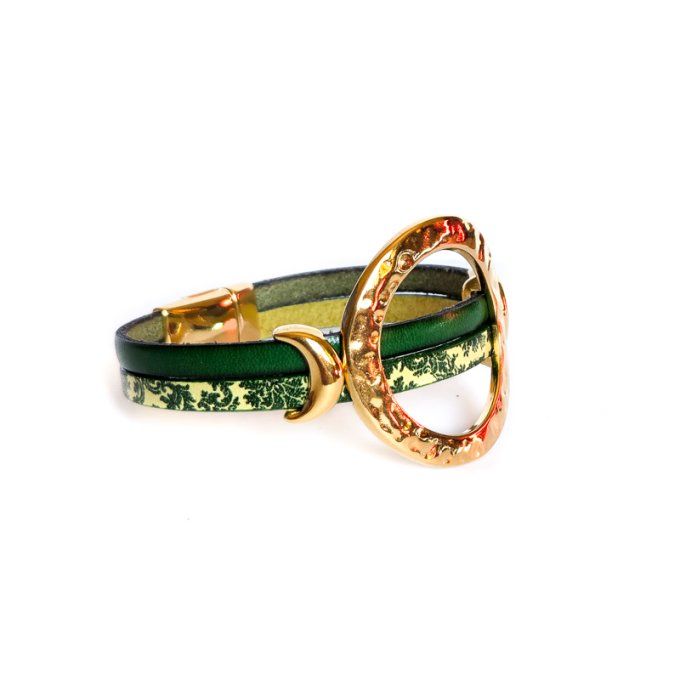 Bracelet cuir anneaux chic vert floral