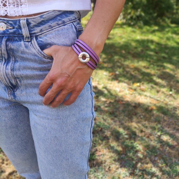 Bracelet cuir double tour lilas