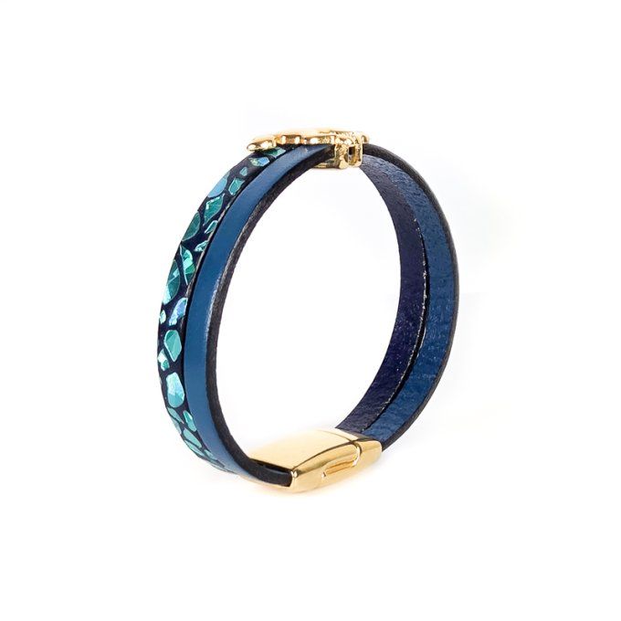 Bracelet Cuir & Charms Créatifs bleu lézard brillant