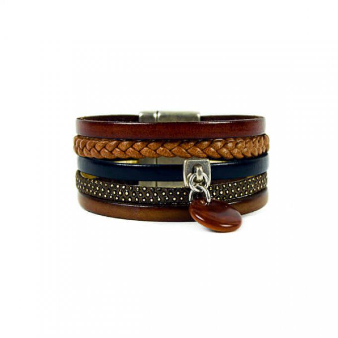 bracelet en cuir véritable couleur naturel et noir et pendentif tagua