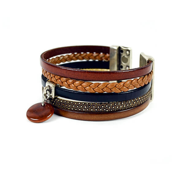 Bracelet cuir naturel et noir avec pendentif ivoire végétal