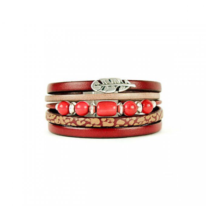 bracelet femme cuir rouge et perles de tagua