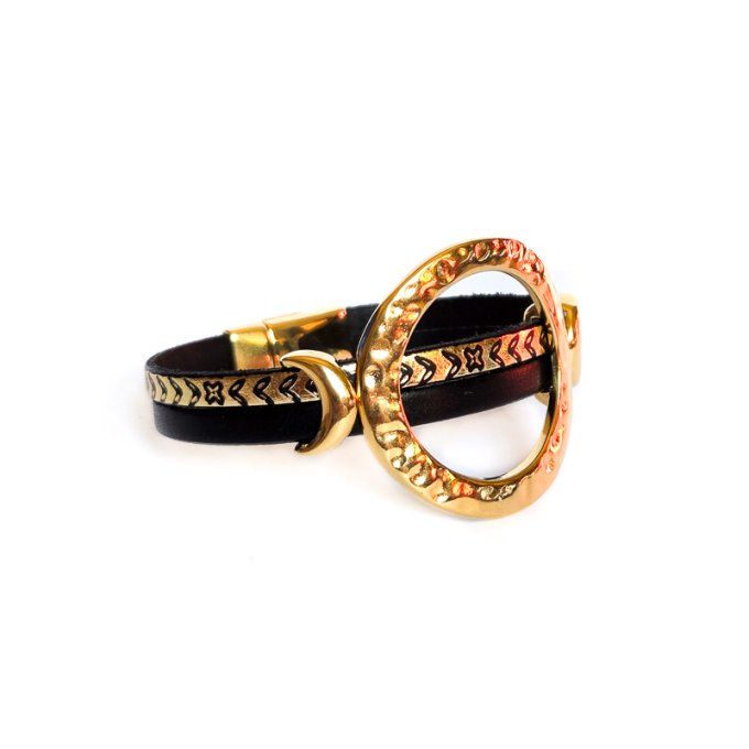 Bracelet cuir anneaux chic noir et or