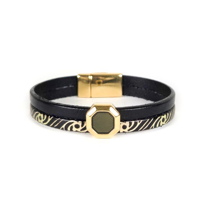 Bracelet Cuir & Charms Créatifs noir et or
