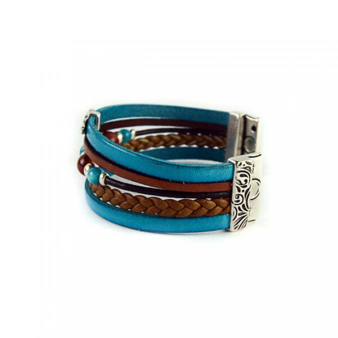 Bracelet aimanté et cuir bleu marron